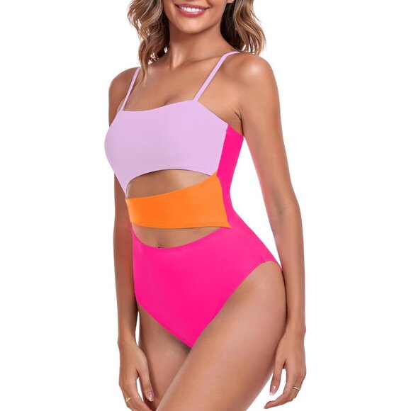 🆕Women Purple Orange Hot Pink Polyamide Geometric Cutout Bandeau One Piece Swim - Picture 2 of 7